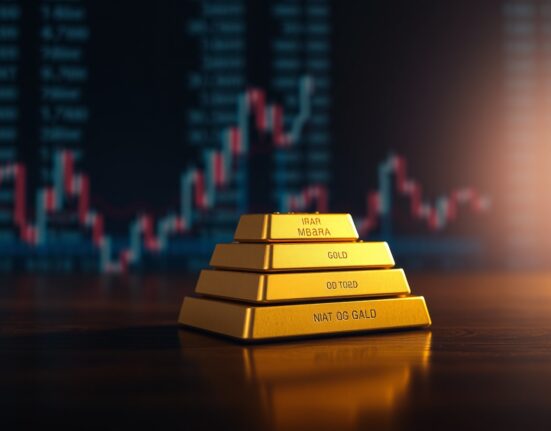 Close-up of gold bars with a blurred financial market background