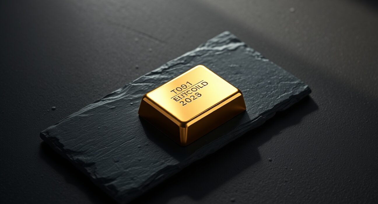 Close-up of a gold bar on a dark slate surface with soft lighting, representing precious metals market analysis.