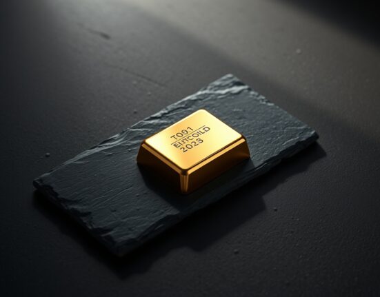 Close-up of a gold bar on a dark slate surface with soft lighting, representing precious metals market analysis.