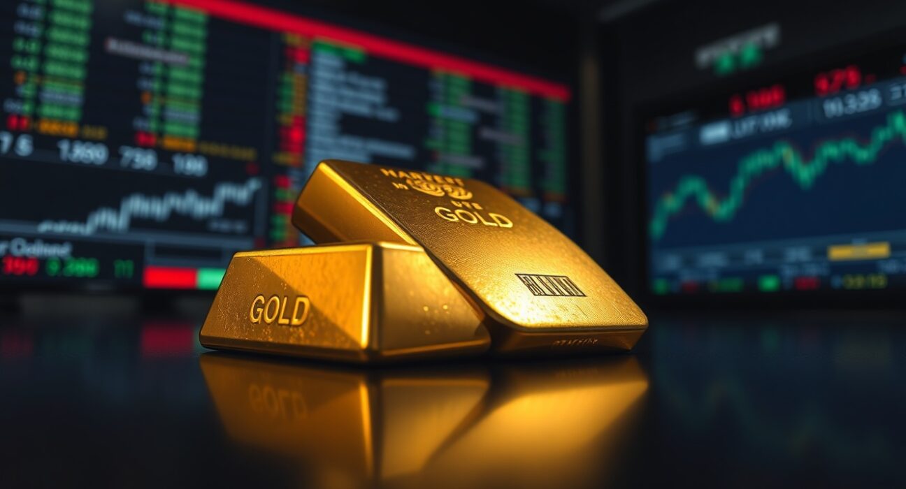 Close-up of a gold bar with a blurred financial market background