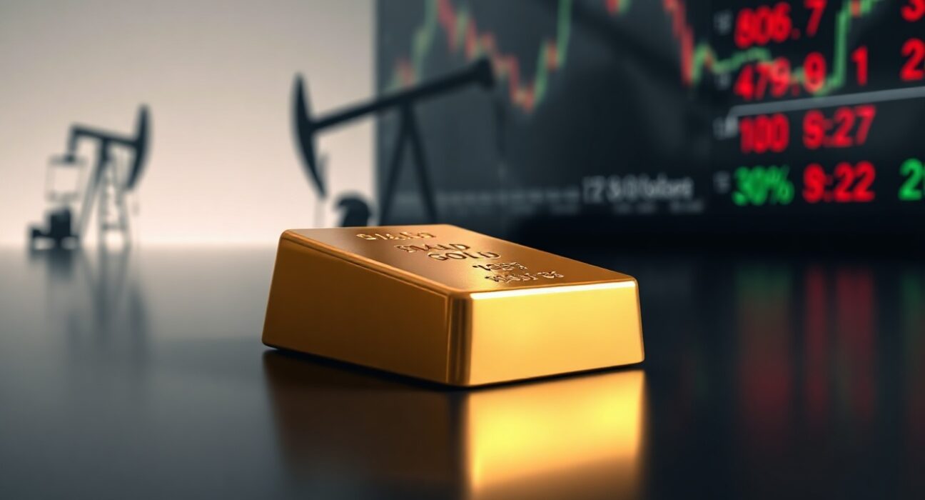 Gold bar on reflective surface with faint oil derrick and stock ticker background