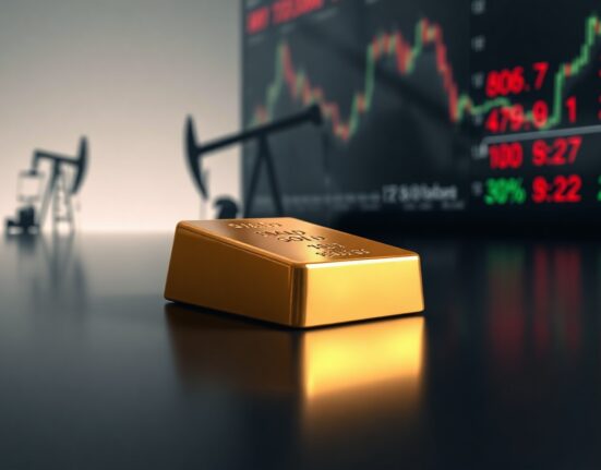 Gold bar on reflective surface with faint oil derrick and stock ticker background