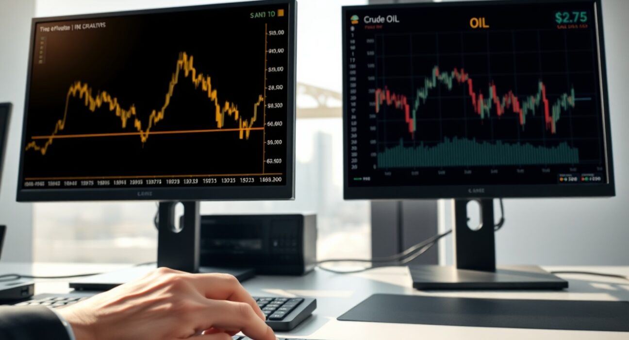 Gold price rising as oil price falls on US-Iran ceasefire hopes affecting commodity markets.