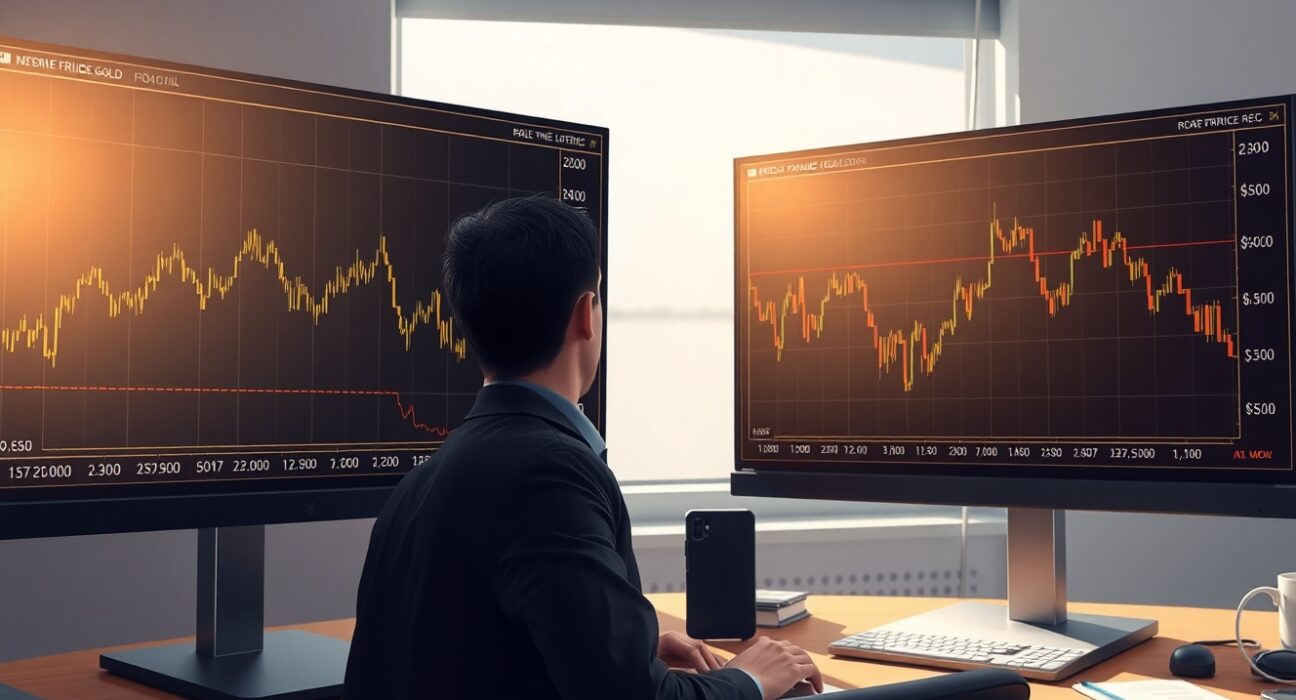Trader analyzing gold price recovery and oil price pullback on dual monitors amid US-Iran geopolitical developments.