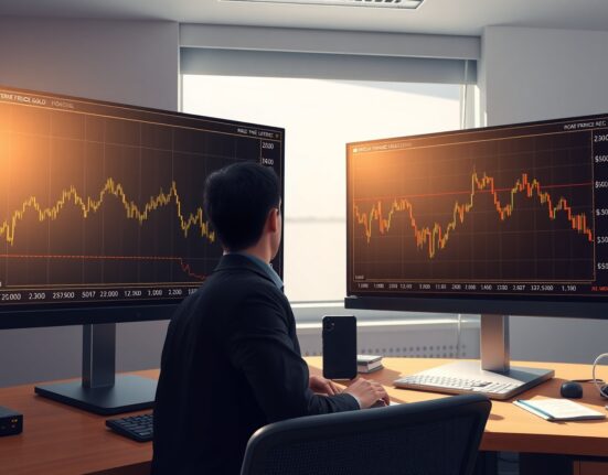Trader analyzing gold price recovery and oil price pullback on dual monitors amid US-Iran geopolitical developments.