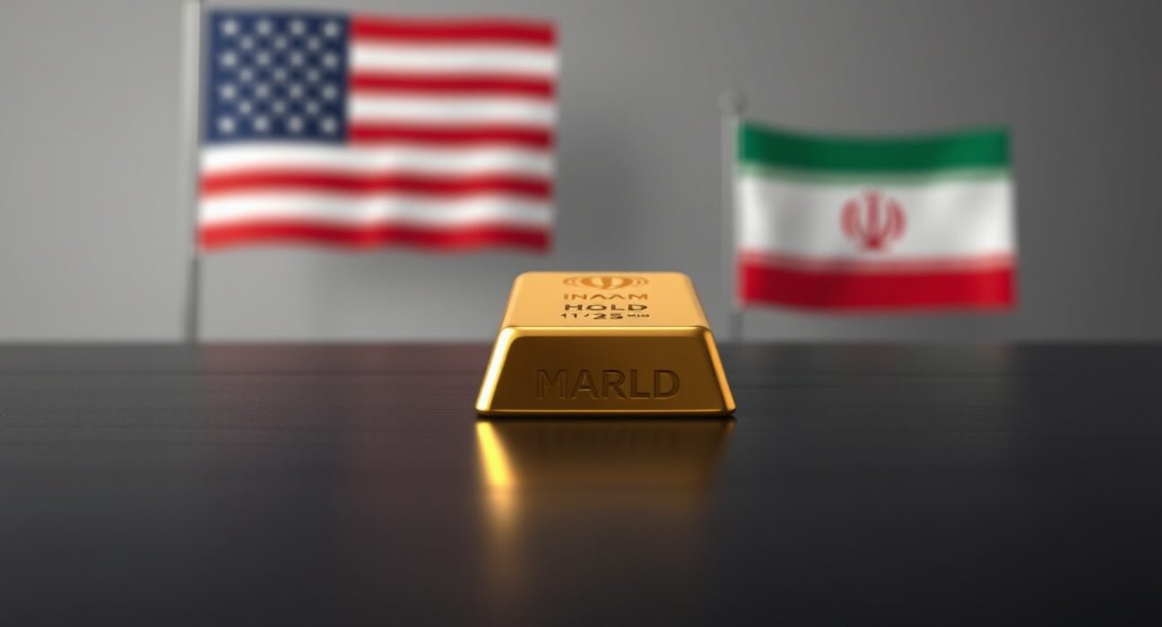 Gold bar on table with blurred US and Iranian flags in background, representing gold price recovery amid geopolitical tensions.