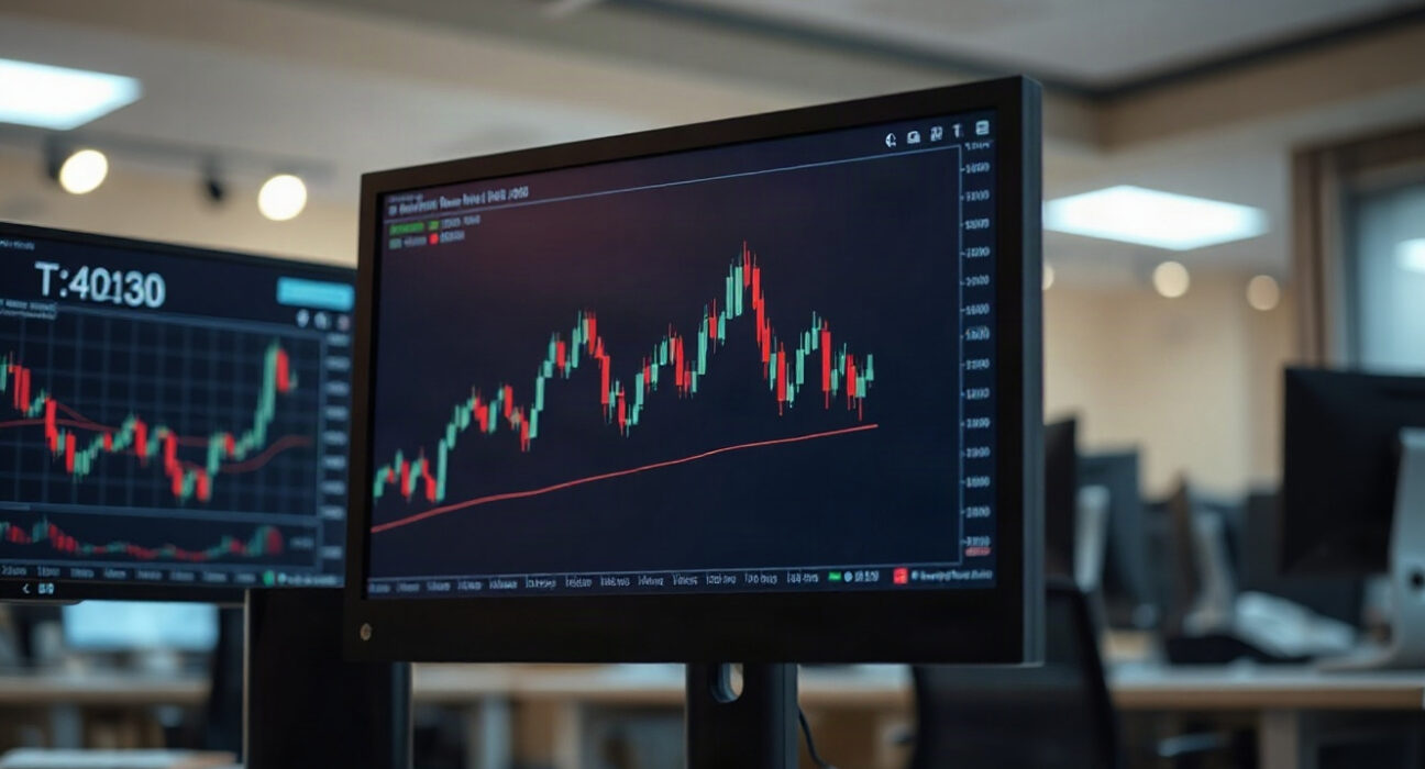 Close-up of a financial chart on a monitor at a trading desk, showing price movements for gold, EUR/USD, and GBP/USD.