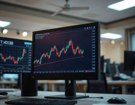 Close-up of a financial chart on a monitor at a trading desk, showing price movements for gold, EUR/USD, and GBP/USD.