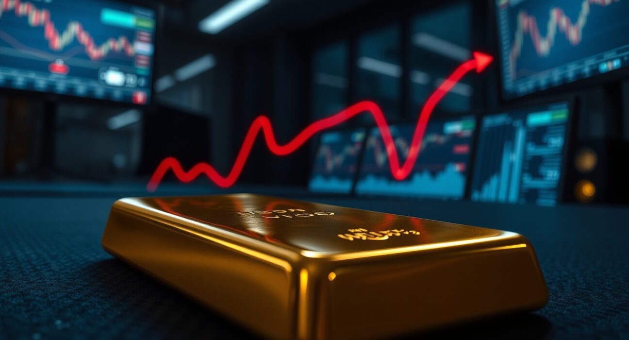 Gold remains depressed as inflation fears rise, with a gold bar against a backdrop of economic charts and data.