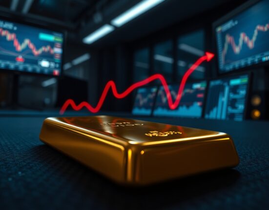 Gold remains depressed as inflation fears rise, with a gold bar against a backdrop of economic charts and data.
