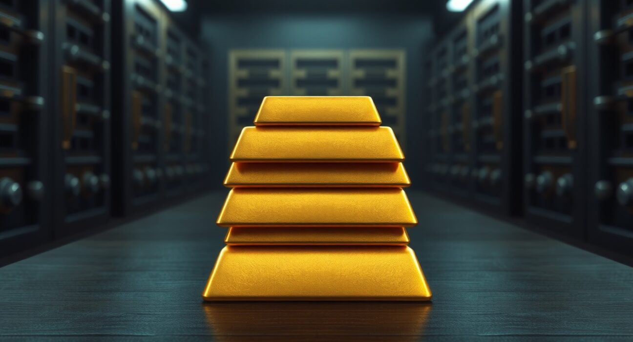Gold bars stacked in a vault, representing the rising reserve role of gold analyzed by Deutsche Bank.