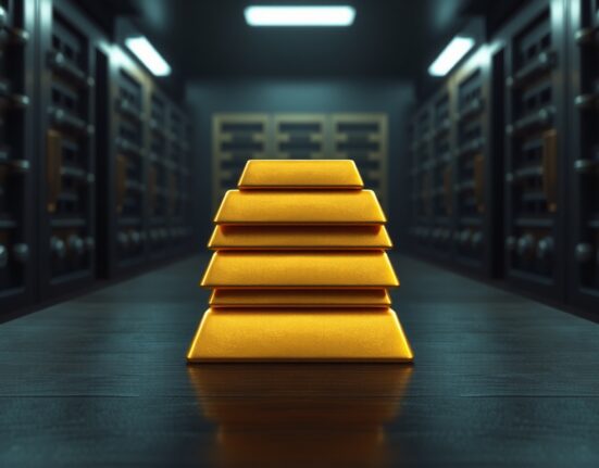 Gold bars stacked in a vault, representing the rising reserve role of gold analyzed by Deutsche Bank.