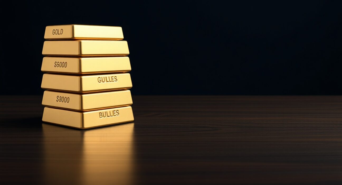 Gold bullion bars stacked on a dark surface, symbolizing gold price resilience amid a firmer USD