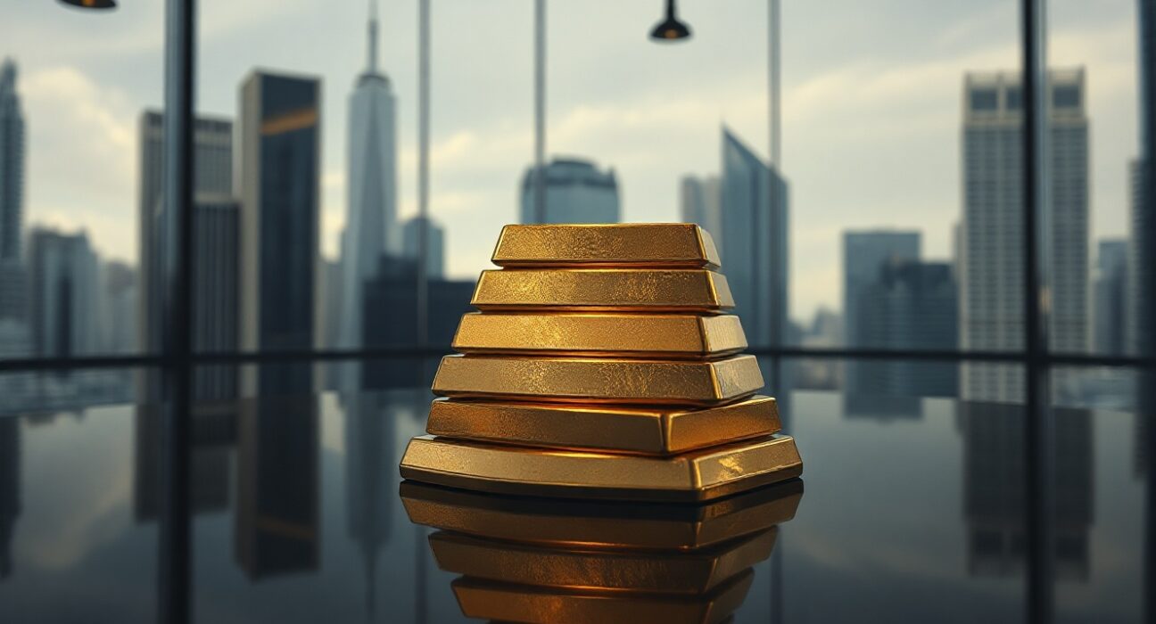 Stack of gold bullion bars reflecting light on a dark surface, symbolizing investment stability.
