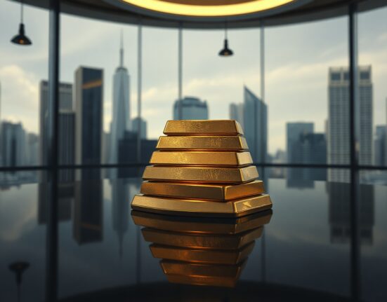 Stack of gold bullion bars reflecting light on a dark surface, symbolizing investment stability.