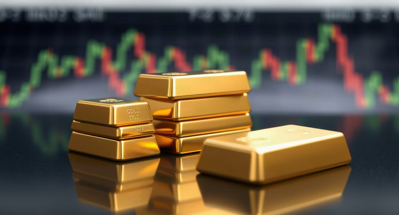 Gold bars reflecting light on a dark surface with a blurred market chart background