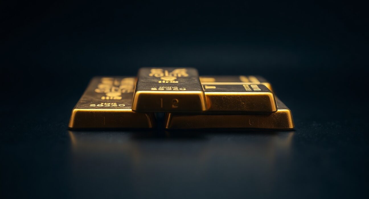 Close-up of stacked gold bars on a dark surface with soft lighting