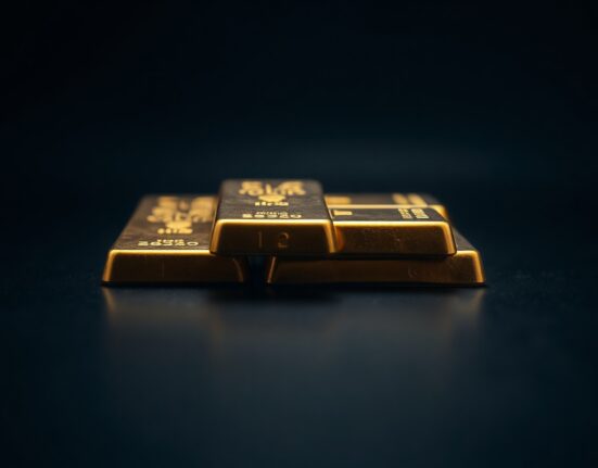 Close-up of stacked gold bars on a dark surface with soft lighting