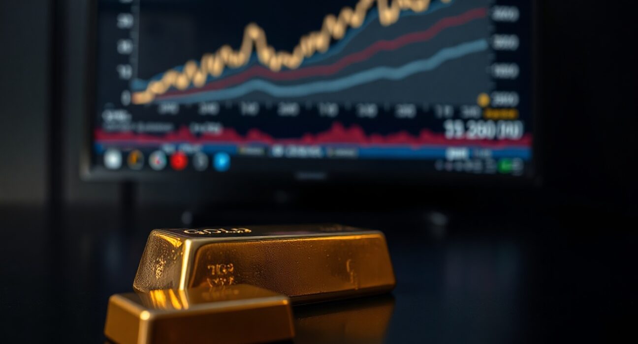 Gold bar on reflective surface with upward-trending price chart in background