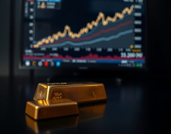 Gold bar on reflective surface with upward-trending price chart in background