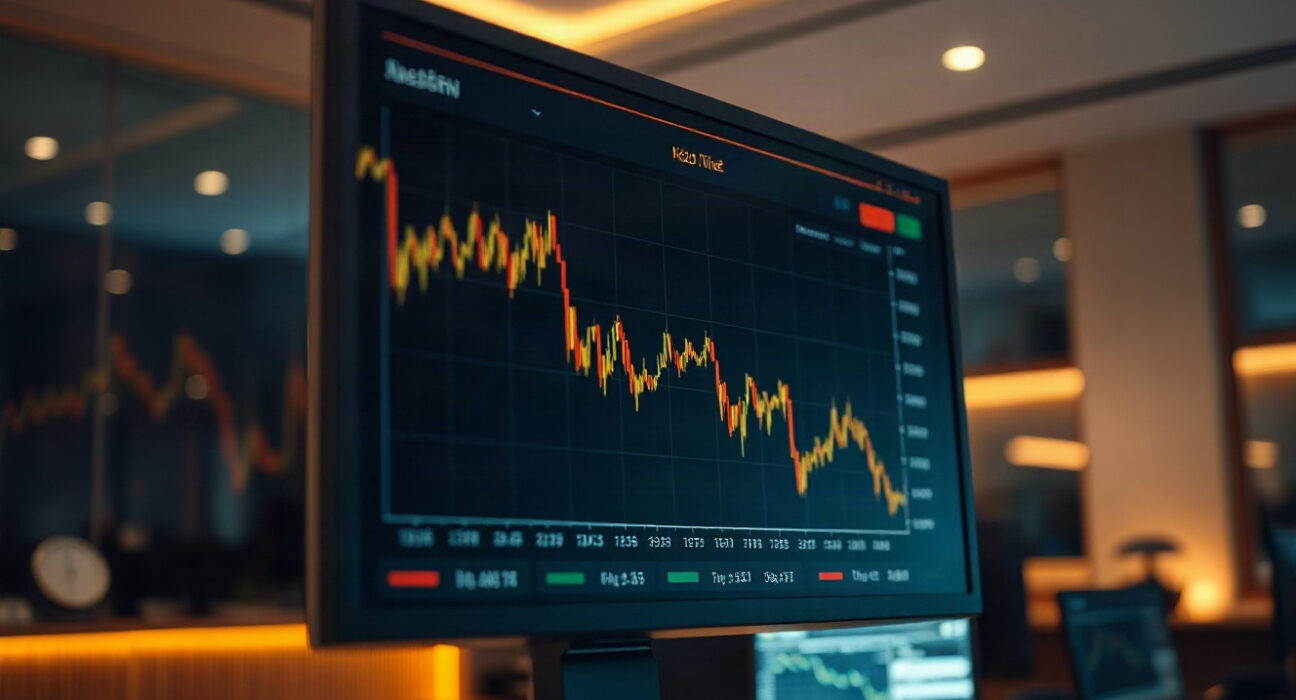 Close-up of a financial market monitor showing a gold price chart with a recent pullback.