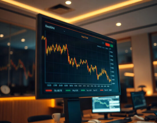 Close-up of a financial market monitor showing a gold price chart with a recent pullback.