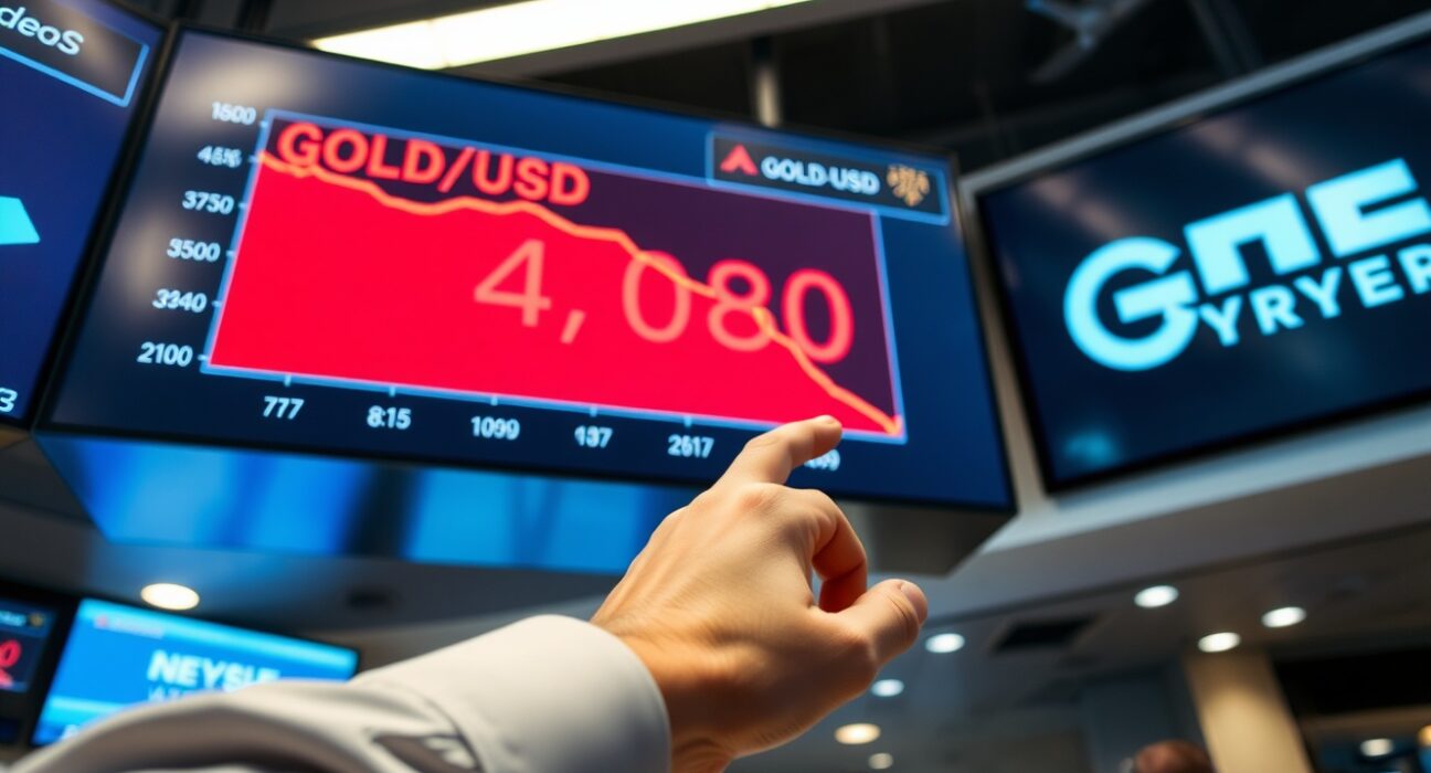 Gold price chart declining below $4,100 on a trading screen after Trump's Iran ceasefire statement.