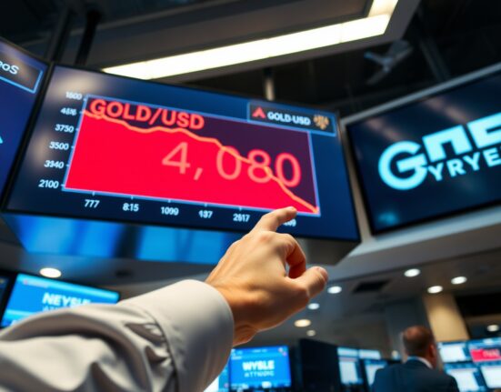 Gold price chart declining below $4,100 on a trading screen after Trump's Iran ceasefire statement.