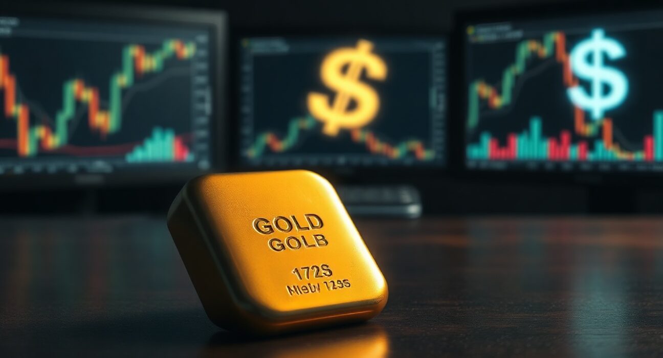 Gold bar on dark wooden surface with blurred financial charts and US dollar symbol in background