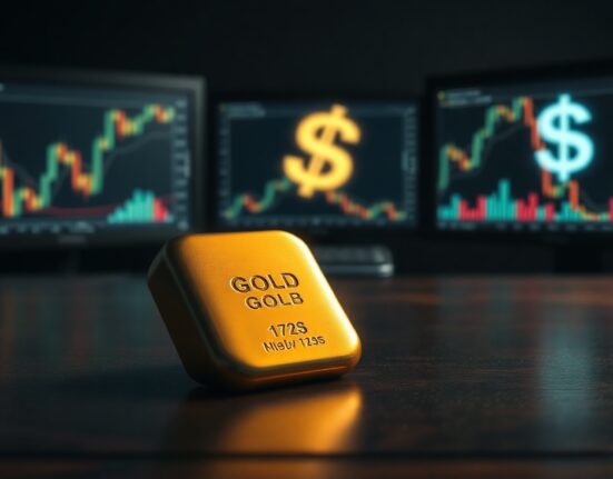 Gold bar on dark wooden surface with blurred financial charts and US dollar symbol in background