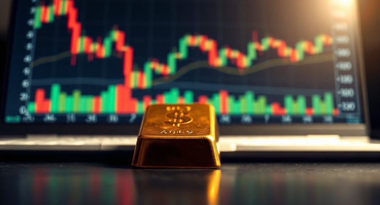 Gold bar on dark surface with financial charts and US Dollar symbol in background