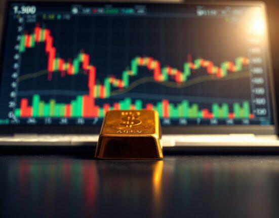 Gold bar on dark surface with financial charts and US Dollar symbol in background