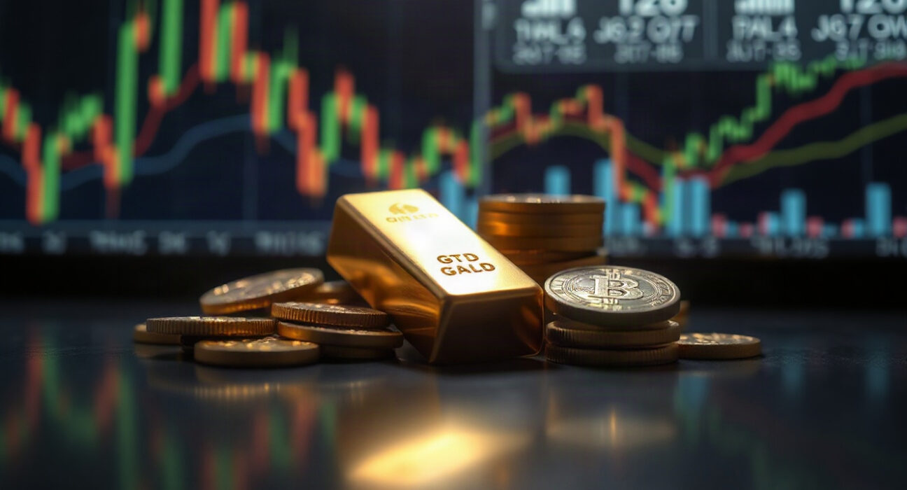 Gold bars and coins on a dark surface with blurred financial charts in the background.