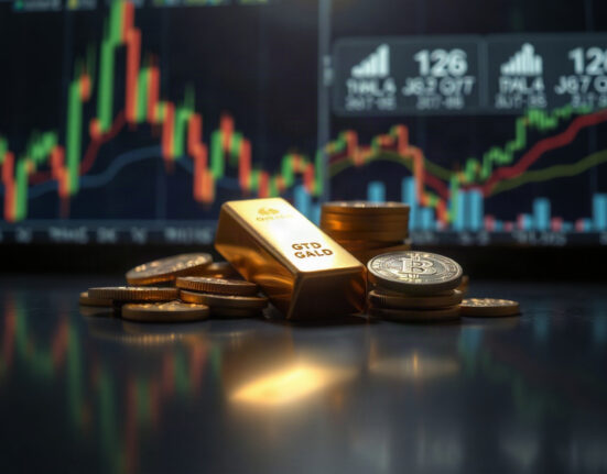 Gold bars and coins on a dark surface with blurred financial charts in the background.