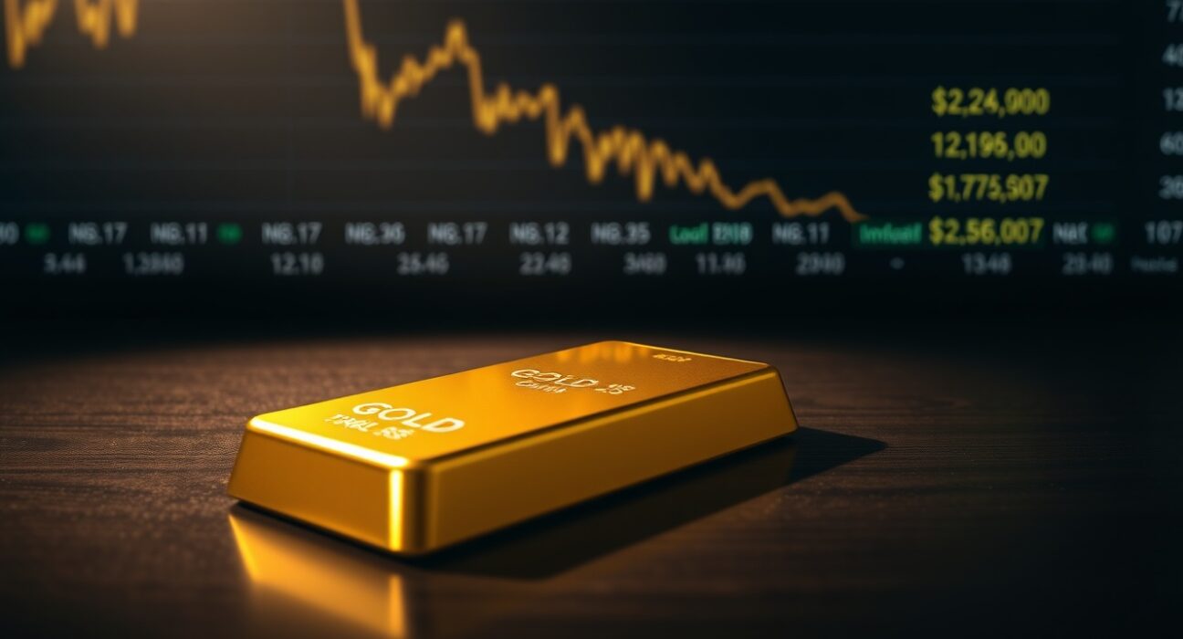 Gold bar on dark surface with financial ticker showing falling gold prices and rising US dollar in background