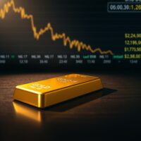 Gold bar on dark surface with financial ticker showing falling gold prices and rising US dollar in background
