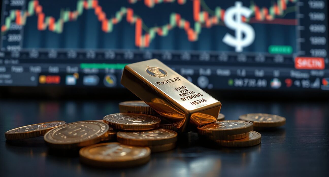 Gold bars and coins on a surface with financial charts and dollar symbol in the background