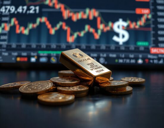Gold bars and coins on a surface with financial charts and dollar symbol in the background