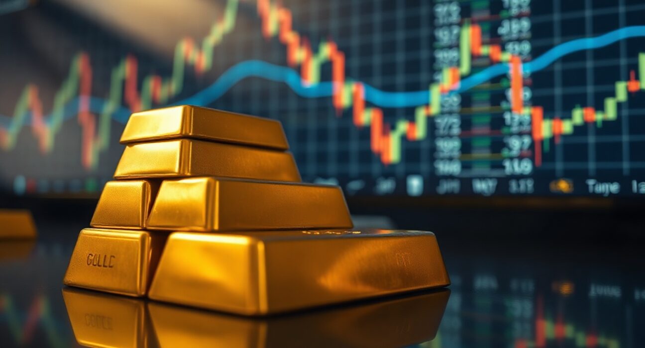 Gold bullion bars with financial charts in background