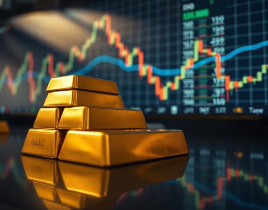 Gold bullion bars with financial charts in background
