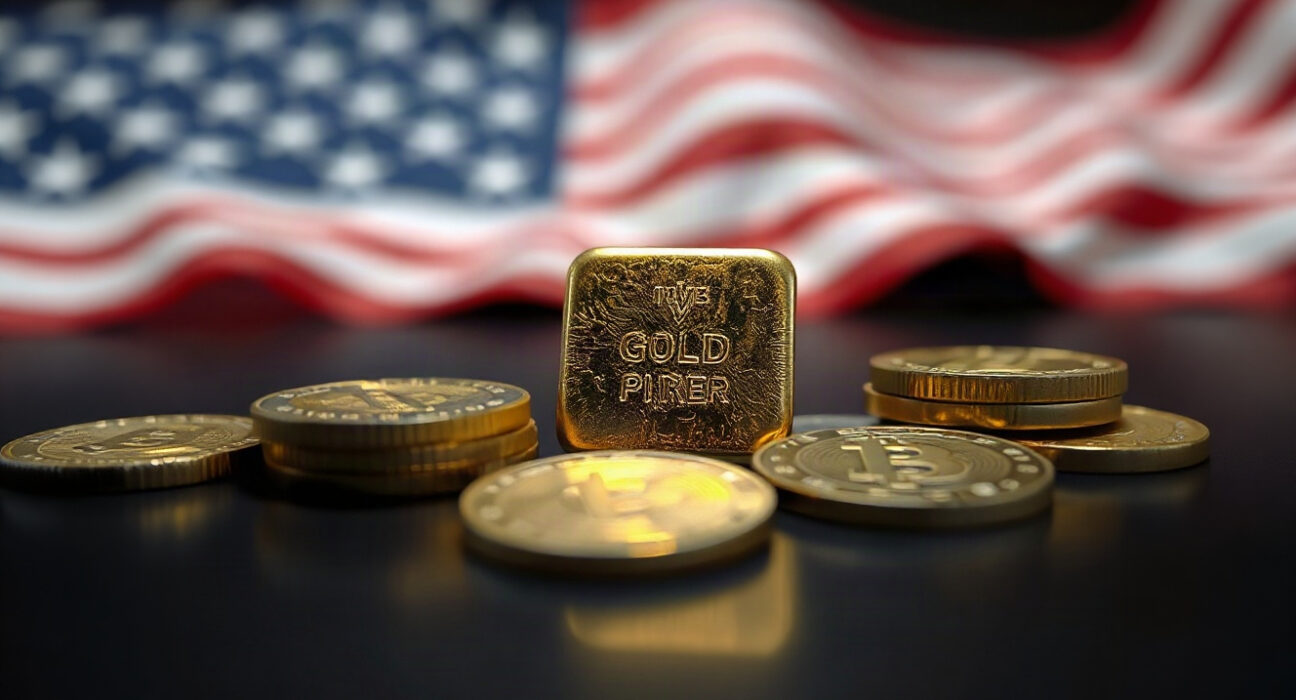 Gold bars and coins with a US flag in the background, symbolizing gold price movements against the dollar.