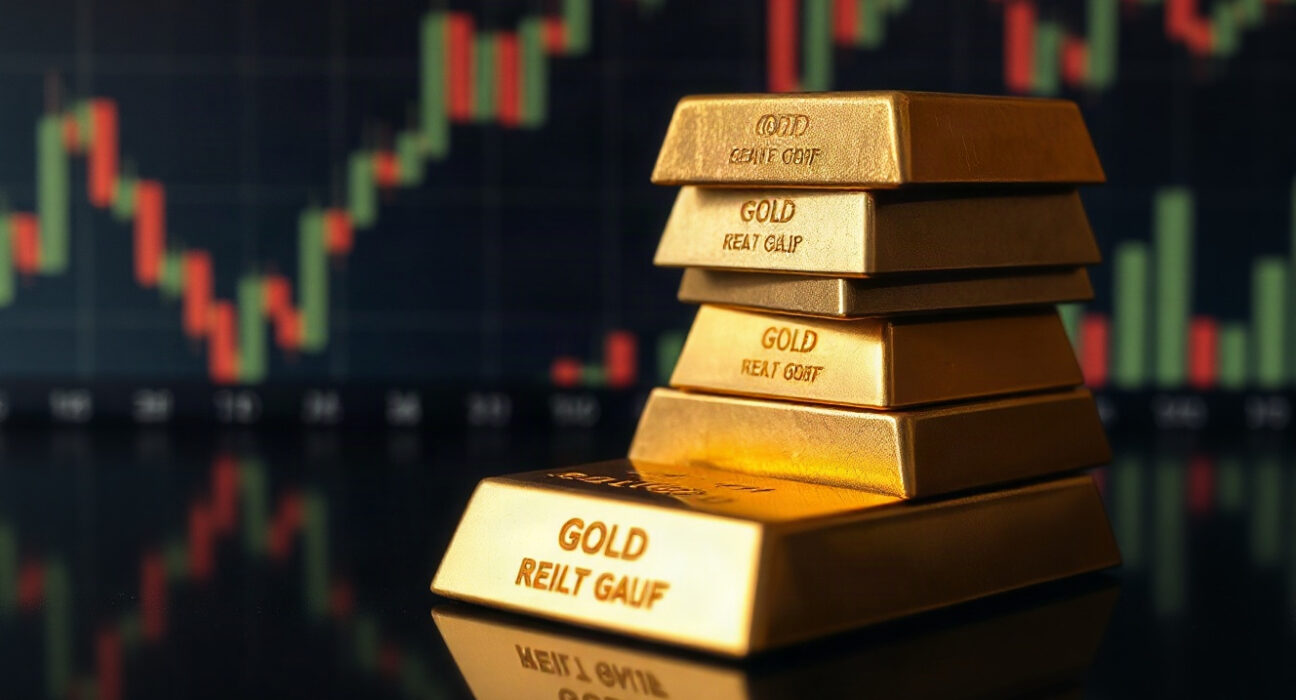 Gold bullion bars on a reflective surface with a blurred financial chart in the background