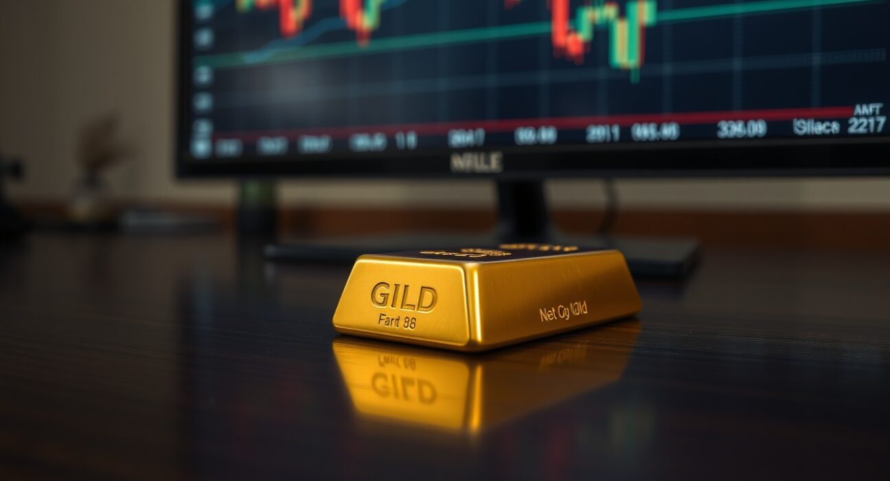 Gold bar on dark surface with financial chart showing downward trend in background