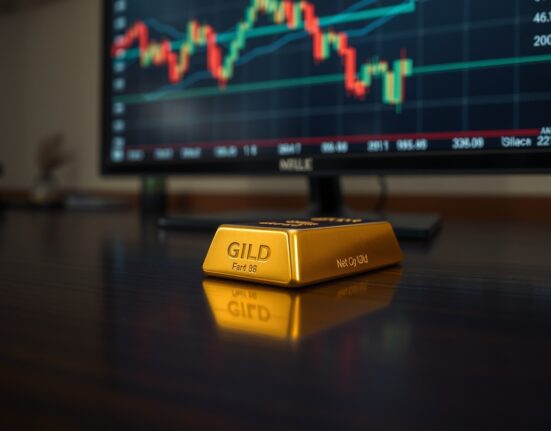 Gold bar on dark surface with financial chart showing downward trend in background