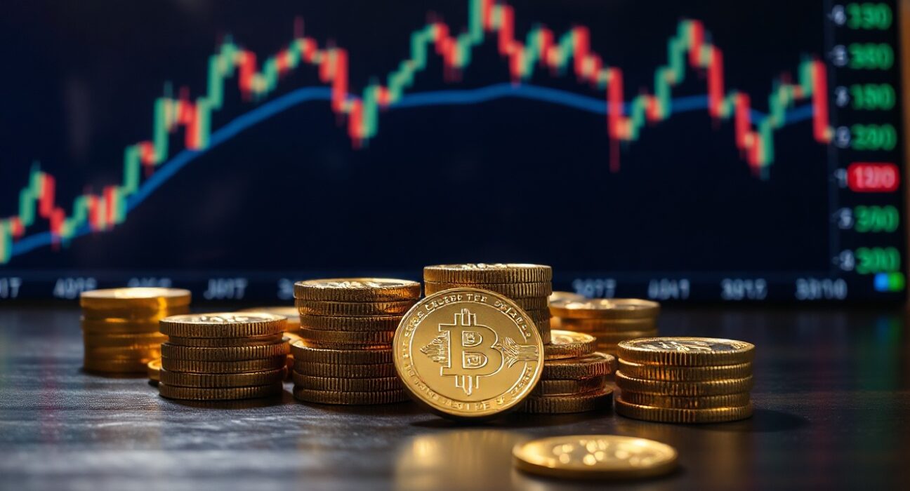 Gold bars and coins with a blurred financial chart background, representing market movements.