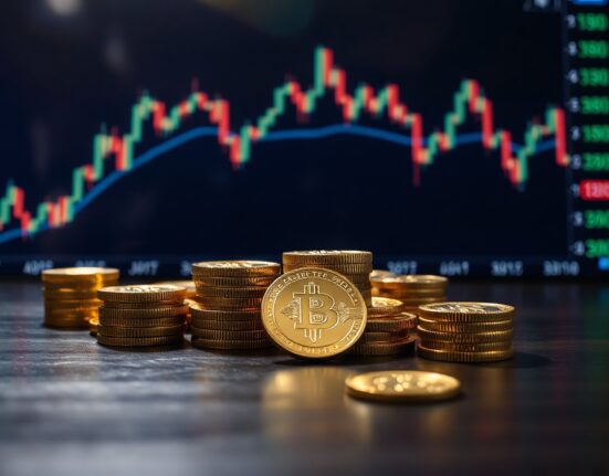 Gold bars and coins with a blurred financial chart background, representing market movements.