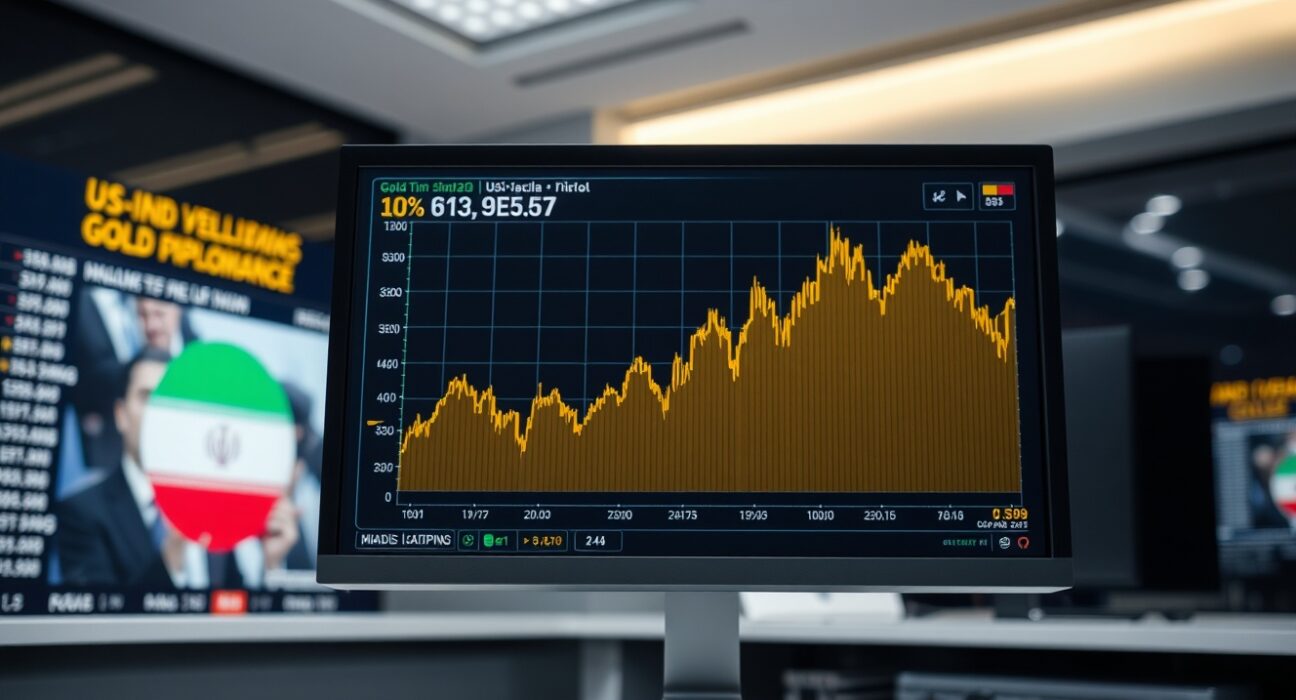 Gold price chart showing decline on a financial news monitor with US-Iran headlines in background