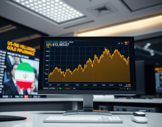 Gold price chart showing decline on a financial news monitor with US-Iran headlines in background