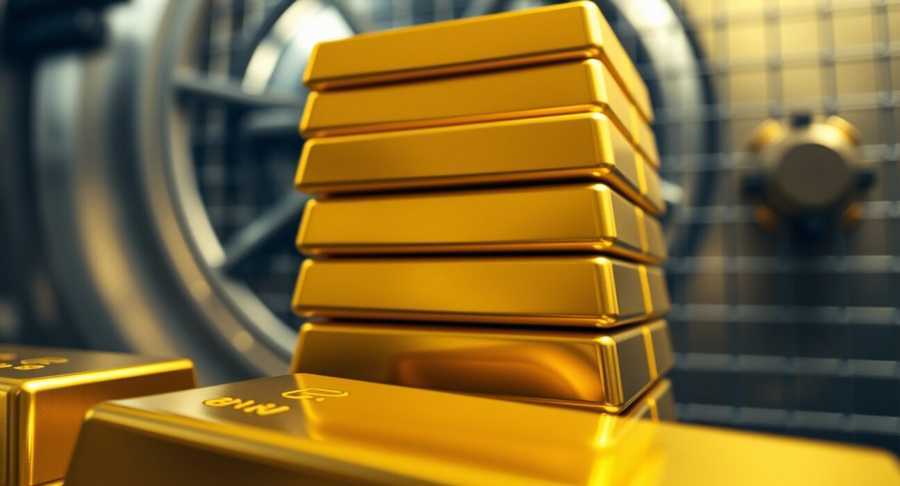 Close-up of stacked gold bars in a bank vault, representing precious metals market and safe-haven asset.