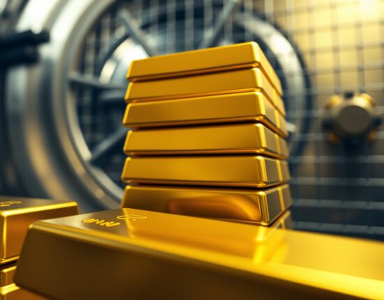Close-up of stacked gold bars in a bank vault, representing precious metals market and safe-haven asset.